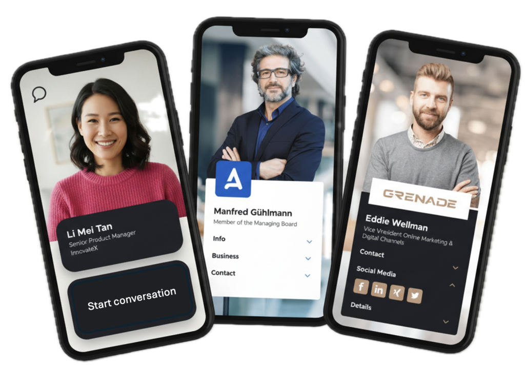 Three digital business cards side by side.