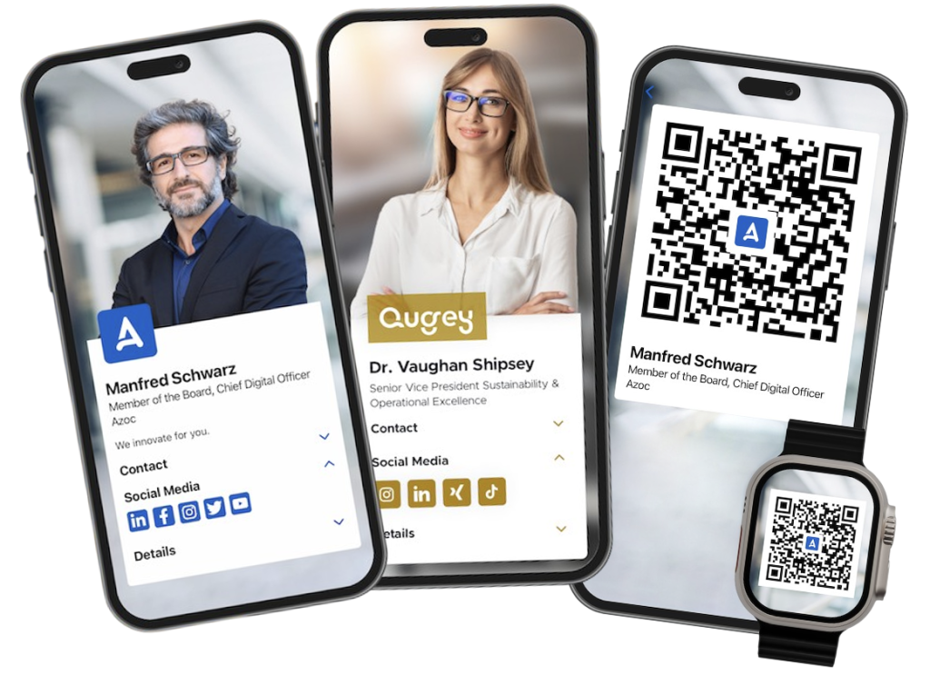 Tarjetas de presentación digitales junto a un Apple Watch.