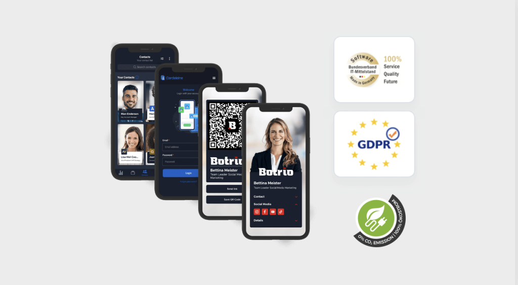 La app de Cardeleine en varios móviles junto a los sellos Software Made in Germany y RGPD.