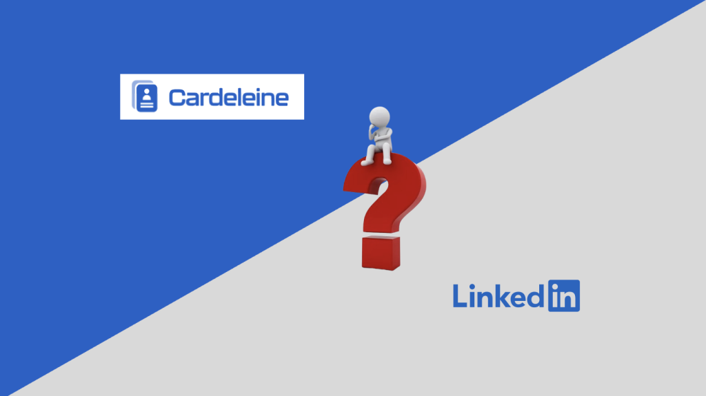 Logotipos de Cardeleine y LinkedIn con una figura sentada sobre un signo de interrogación.