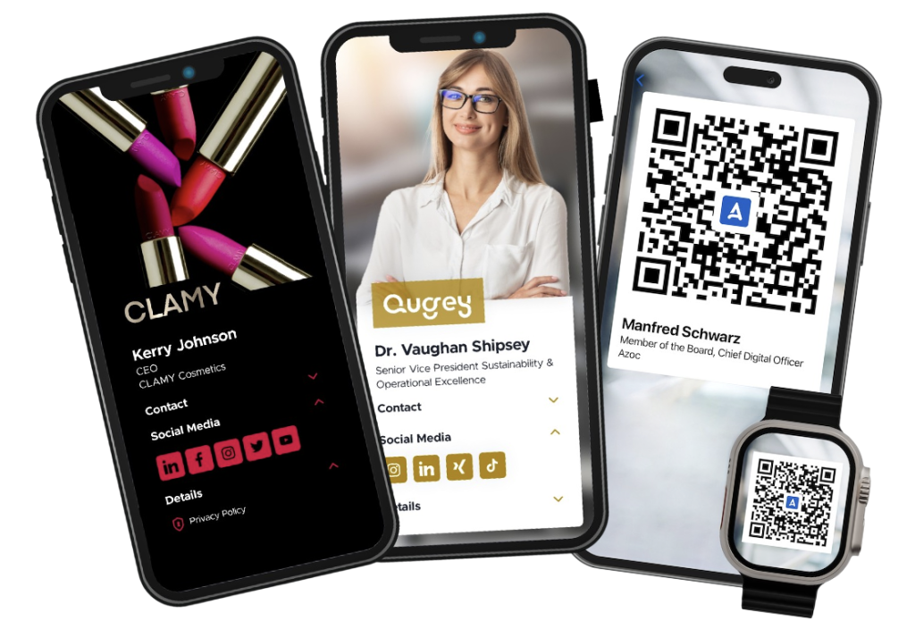 Tarjeta de presentación digital en un móvil y en un Apple Watch.