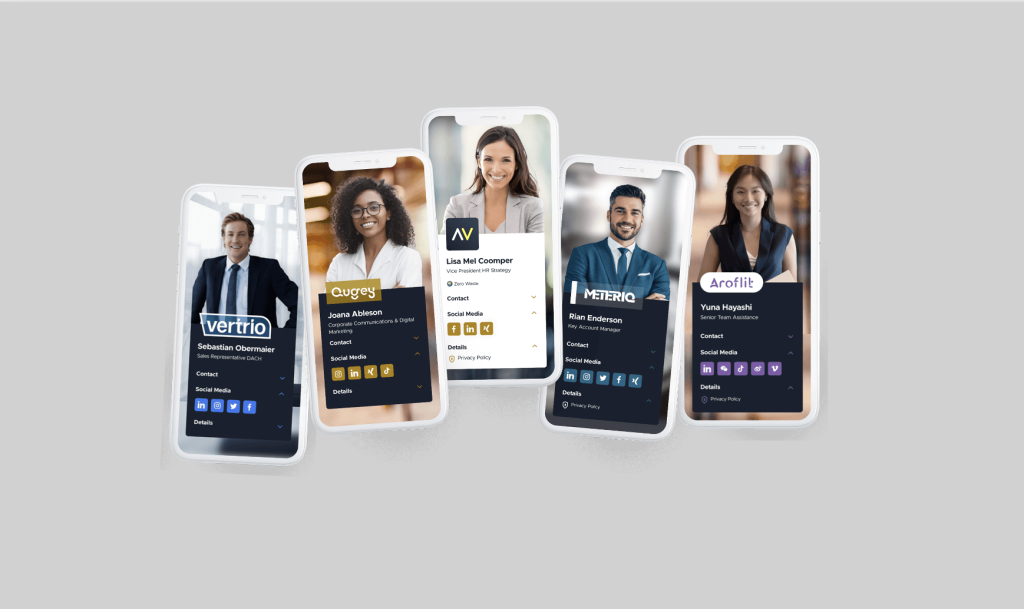 Cinco tarjetas de presentación digitales, cada una con la identidad de una empresa distinta.