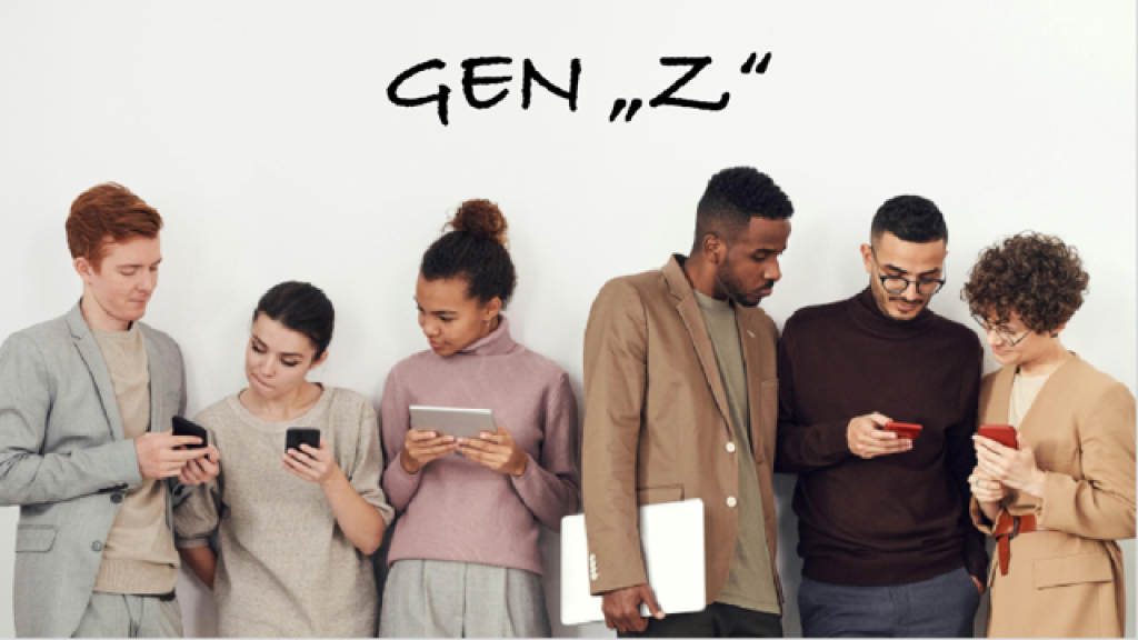 Jóvenes usando el móvil bajo el título Gen Z.