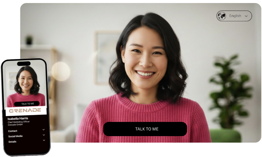 Digital business card next to an AI live avatar.