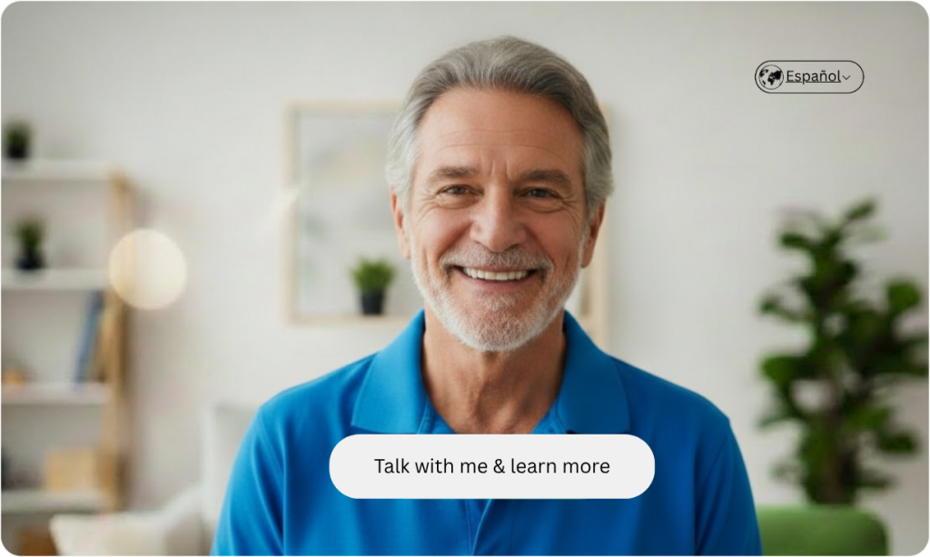 Avatar interattivo dal vivo con un pulsante «Parla con me» in spagnolo.
