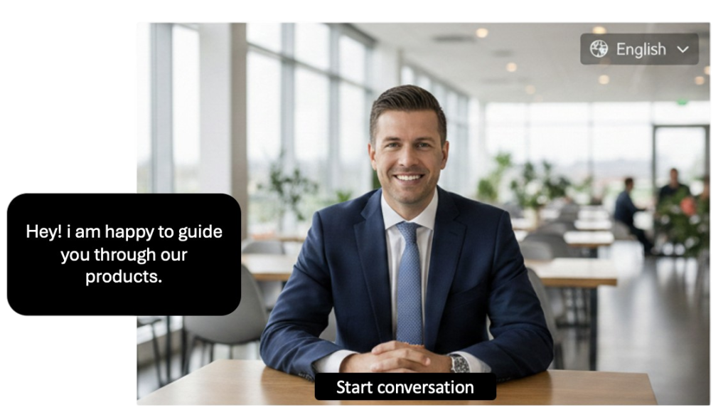 Sales AI avatar with a Start conversation button.