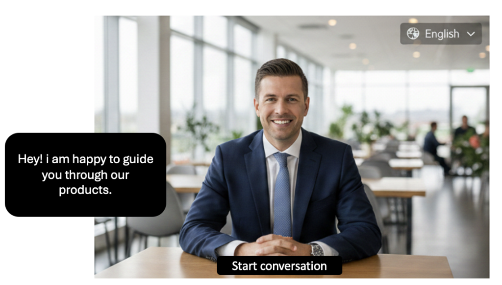 Avatar de IA para ventas con un botón «Iniciar conversación».