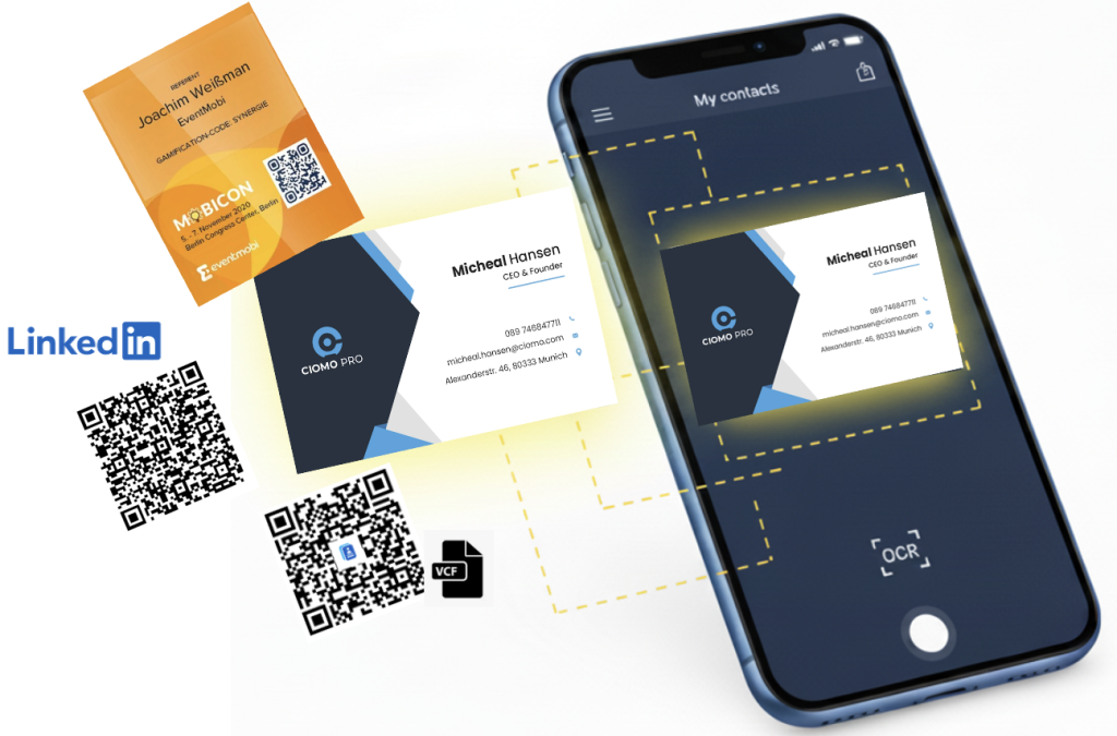 Scanner capturing a paper business card and event badges.