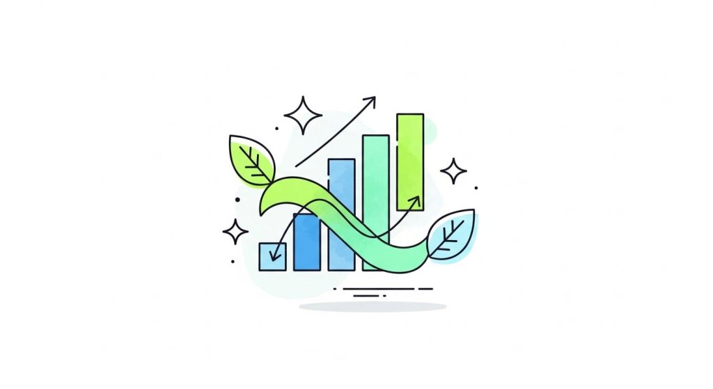Gráfico de barras ascendente con hojas verdes.